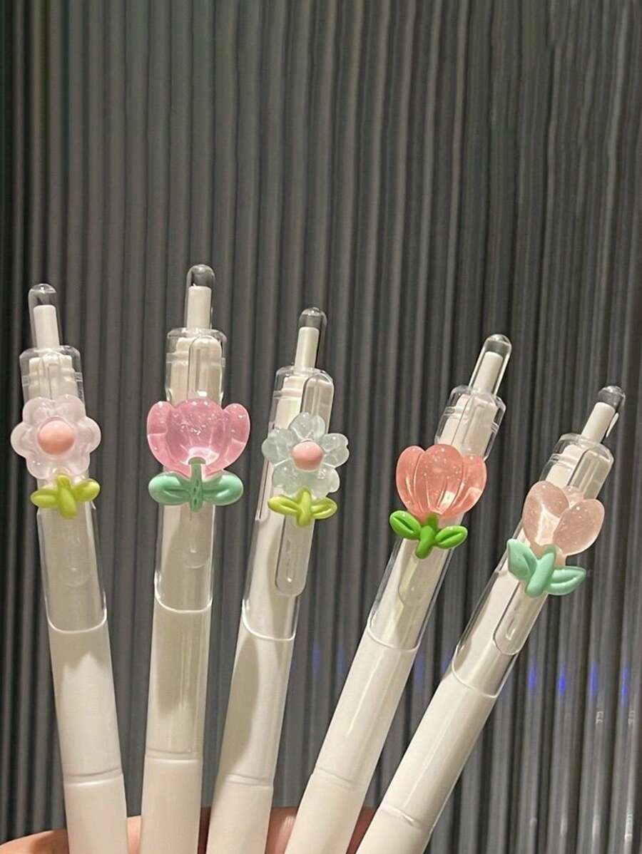 1 支/5 支速干郁金香花圆珠笔、记号笔、黑色墨水按压笔、高品质少女透明笔、卡通按压笔、办公和学校用品、返校必备（颜色随机）