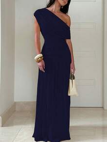 女士纯色斜领褶皱长连衣裙，修身显瘦，优雅性感夏季派对礼服 - 藏蓝色 - 查看 2