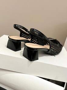 Xin Jing Shoes 女式高跟方头蝴蝶结编织时尚百搭踝带粗跟浅口鞋 - 黑色 - 查看 12