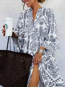 Plus Size Women Elegant New Fashion Floral Print Casual Loose Midi Dress, 3/4 Sleeve Shirt Dress, Suitable For Spring/Summer/Autumn