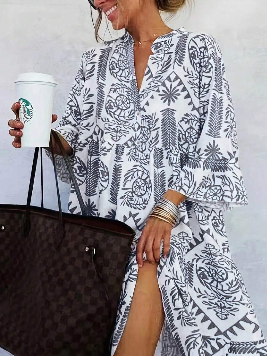 Plus Size Women Elegant New Fashion Floral Print Casual Loose Midi Dress, 3/4 Sleeve Shirt Dress, Suitable For Spring/Summer/Autumn