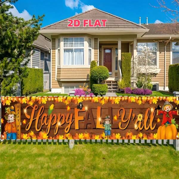 1pc, Christmas Background Banner, Made Of Polyester Fabric. The Background Features Scarecrows, Pumpkins, Maple Leaves, String Lights And The Words "Wish You A Happy Autumn", Suitable For Autumn Festivals And Thanksgiving Gatherings