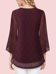 CheersLife 女式七分袖花卉束腰上衣 V 领双层宽松网眼衬衫 - 酒紅色 - 查看 3