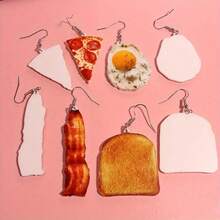4 Pairs Of Acrylic Gourmet Pendant Earrings, Food-Themed Fried Eggs, Pizza, Toast, Bacon Designs, Cute And Unique Jewelry For Daily Wear, Party Accessories, The Perfect Gift For Food Lovers - 4 cặp - Xem 7