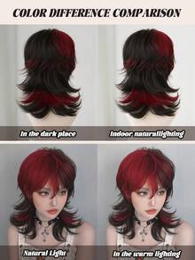 NAMM 12 英寸黑色挑染红狼剪短假发，带刘海，适合女士，自然蓬松，非常柔软，合成耐热纤维发丝，全机制作漂亮卷发假发，适合女孩日常、音乐节派对街头穿着、角色扮演动漫或服装使用（自然分层纹理且轻盈）