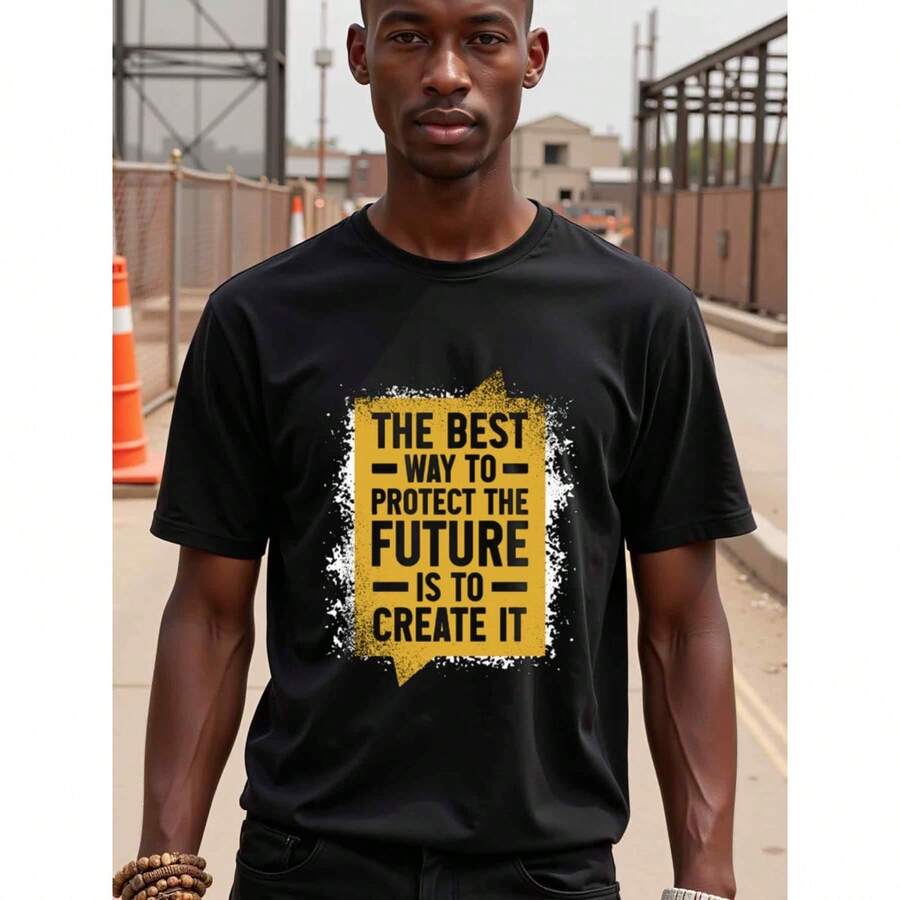 Fine Quality Natee Local Warehouse Permission  Create Your Future: Inspirational Quote T-Shirt, Men's T-Shirt,100% Cotton Fabric,Crew Neck,Short Sleeve,Regular Fit,All-Season Casual Wear,180gsm-Ideal For Valentines New Year's Day Father's Day Christmas - 黑色 - 查看 1