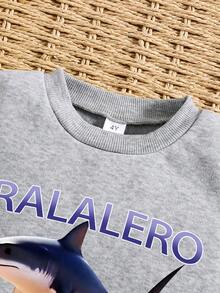 Toddler Cartoon Print Warm Crew Neck Sweatshirt And Pants Set - Grey - View 3