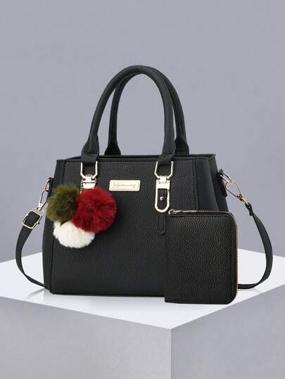 Simple Solid Color Double-Layer Large Capacity PU Leather Fur Ball Decoration With Wallet Women's Handbag, Business Casual Women's Shoulder Handbag, Mother's Day Gift Suitable For Women, Newcomers In The Workplace And White-Collar Workers, Very Suitable For Work, Business, Commuting, School