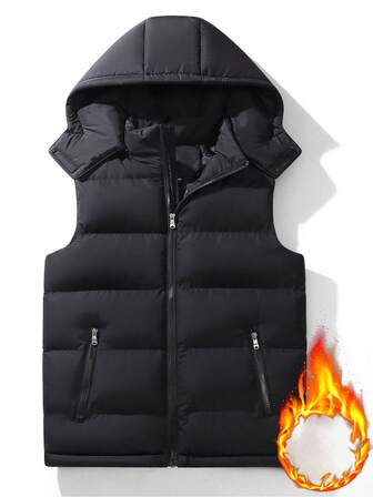 Men's Solid Color Thick Hooded Sleeveless Vest, Casual Outdoor Hiking Jogging Running Sports Jacket, Autumn/Winter