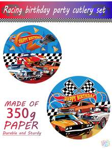170pcs Hot Birthday Decorations Tableware Racing Car Theme Party Supplies Set Include Happy Birthday Banner, Plates(350g Thick Paper),  Napkins, Cups, Forks, Spoons, Knives And Tablecloth Kit For Serve 24 - 彩色 - 查看 5