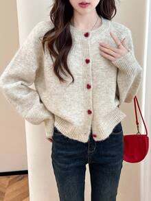 Women's Colorblock Heart Button Crew Neck Cardigan, Autumn/Winter - Beige - View 5