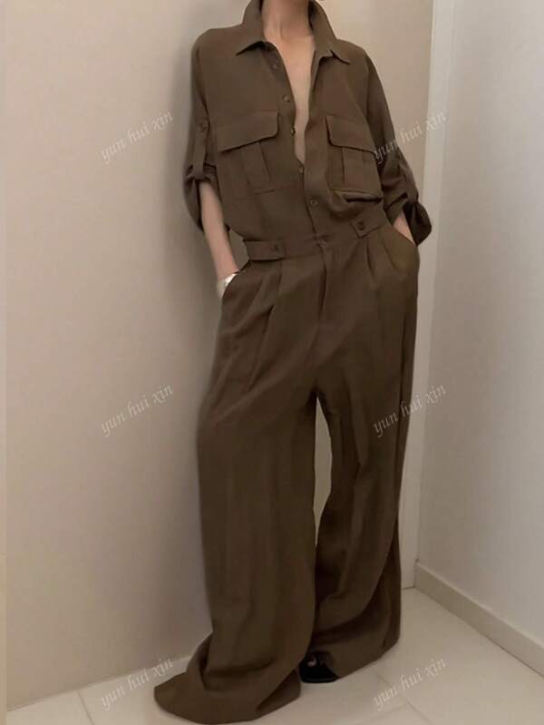 Mono largo y elegante de moda casual y vintage con botones y bolsillos para mujer