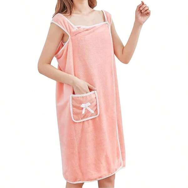 Women Bath Towel Wrap Coral Fleece Bathrobes Highly Absorbent Off Shoulder Bath Skirt Ladies Sleeveless Dress Beach Coral Fleece Towelling Bath Robe,Spa Sauna, Cute Pocket Design