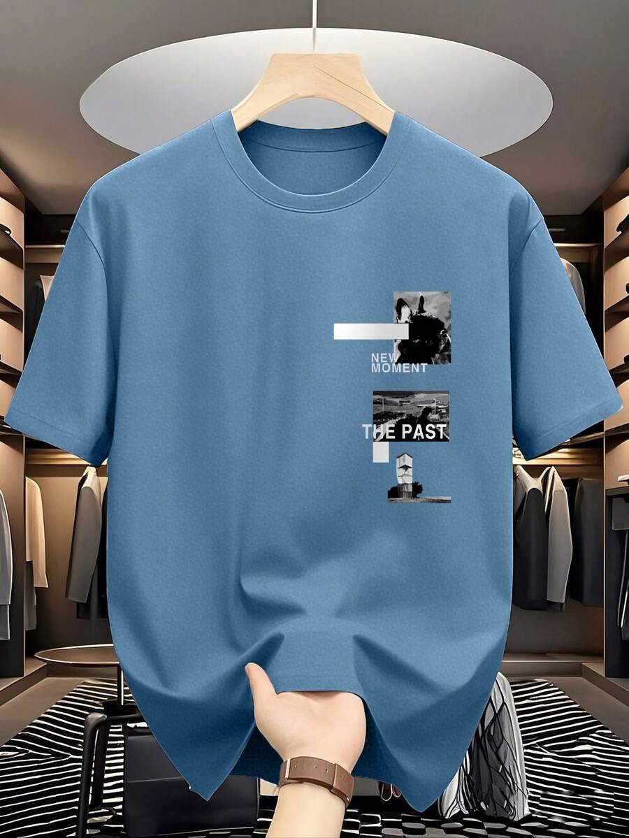 Men's Graphic Print Round Neck Short Sleeve T-Shirt, Summer - Blue - View 1