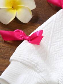 2pcs/Set Girls Solid Color Minimalist Style Cute Bow Decor White Long Sleeve Crew Neck Sweatshirt And Loose Casual Long Pants Set, Autumn/Winter 2025 New Arrival