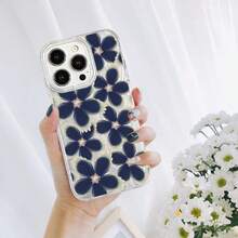 1 pièce Étui de téléphone mode fleurs bleu marine minimaliste et mignon, motif floral bleu marine mignon, style de dessin animé minimaliste, motif de marguerite et de fleurs, haute qualité, anti-chute, dégradé de plumes argentées, vague de plumes, style art de luxe brillant au laser, compatible avec Apple/OPPO/VIVO/Honor/Redmi/Transsion, printemps anniversaire - Multicolore - Voir 5