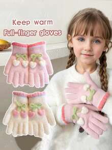 1 Pair Kids Winter Full Finger Gloves, Girls Warm Thermal Lined Thick Windproof Knitted Mittens For Outdoor Snow Play, Suitable For 6-12 Years Old - Cherry Full Finger Gloves - View 2
