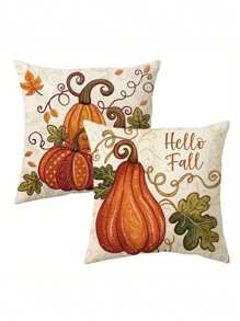 2 件乡村风秋季南瓜抱枕套短毛绒涤纶拉链靠垫套，带有秋叶和“Hello Fall”文字，适用于门廊、露台、沙发、客厅室内/室外装饰（无插入物），秋季家居装饰