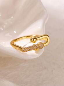 奢华马蹄形不锈钢戒指，镶嵌立方氧化锆，金银色防褪色开口戒指，女士，婚礼首饰，派对及节日配饰，送给女儿/妈妈/闺蜜的礼物 - JZ7564 - 查看 4