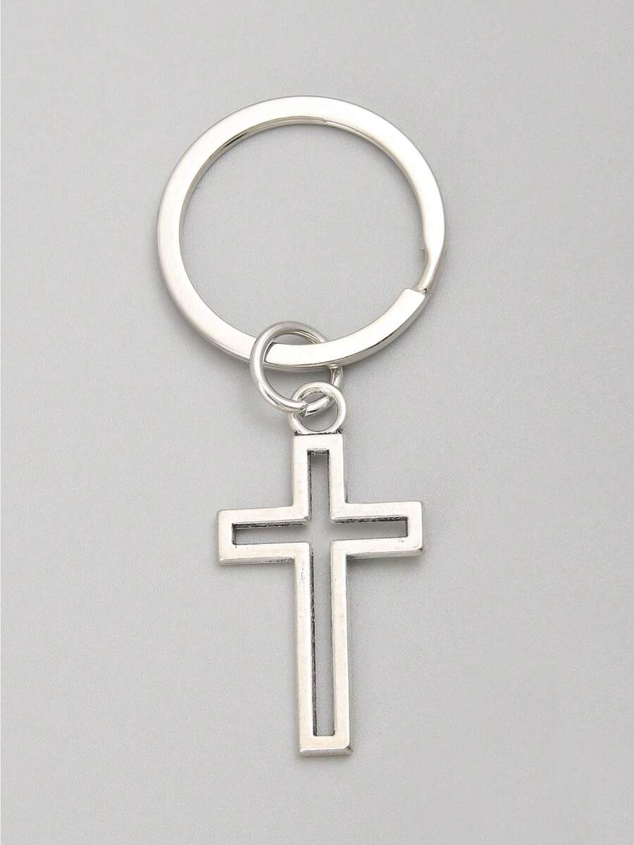 1个经典基础款十字架钥匙扣，男士朋克风配饰，汽车挂件，圣诞礼物，包包挂饰，创意礼物，送给老师、朋友、姐妹 - 銀色 - 查看 1