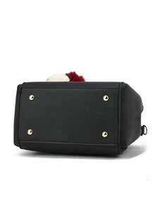 简约纯色双层大容量PU皮毛球装饰带钱包女士手提包，商务休闲女士单肩手提包，适合女性、职场新人和白领人士的母亲节礼物，非常适合工作、商务、通勤、上学