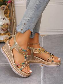 Giày sandal đế xuồng phong cách Bohemian dành cho nữ, giày cao gót đế dày mùa hè mới 2025, giày sandal đế xuồng đế dày kiểu La Mã - Vàng - Xem 5