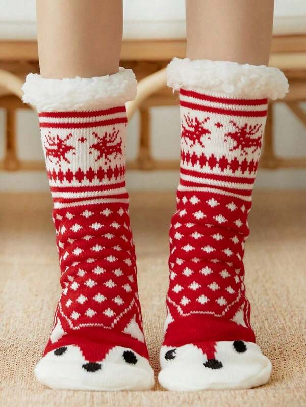 1 Paar Damen Crew Socken, Weihnachtssocken in Rot, Fuchs/Weihnachtsrentier/Fröhliche Weihnachten Muster, Korallenfleece rutschfest warm Lässig Socken geeignet für Weihnachtsoutfit, Weihnachtsparty, Geschenk, Zuhause, Reisen, Alltag, Büro in der Lässig