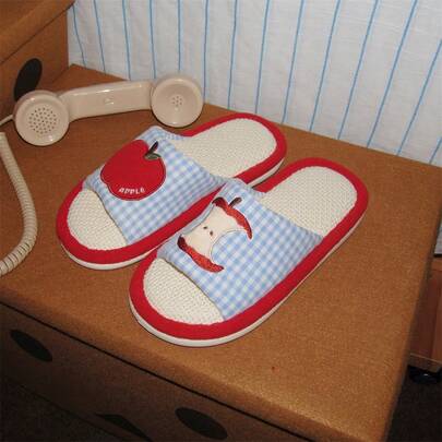 XIXITIAO 1 双格子红苹果刺绣时尚女士拖鞋，舒适透气室内软底家居鞋，适合春夏季