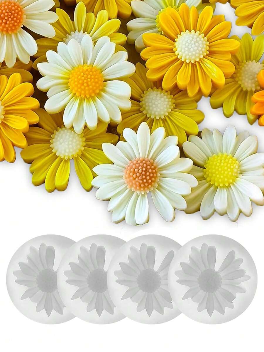 4 件雏菊花蜡烛模具，用于制作蜡烛、3D 花形树脂蜡烛皂模、花卉硅胶模具、DIY 环氧铸造蜡石膏聚合物粘土工艺品 - Silicone Mold - 查看 1
