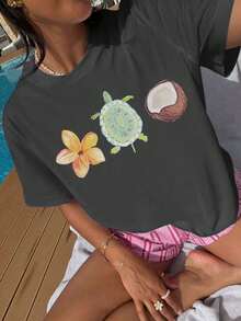 Magliette casual e morbide da donna con stampe floreali, frutta, cocco, animali, tartarughe, girocollo, maniche corte, adatte come regalo di compleanno per la primavera e l'estate