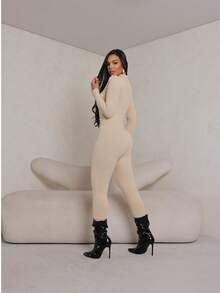Long Sleeve Zippered Jumpsuit - Khaki - View 2