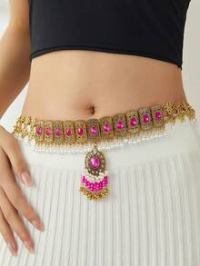 1pc Fashionable & Elegant Colorful Beaded Zinc Alloy Waist Chain, Suitable For Party, Beach Holiday, South Asian Style