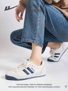 WARRIOR 1 Pair Women's Lace-Up Casual Sneakers, Flat Comfortable Trainers, Unique Stylish Versatile Lightweight Non-Slip Outdoor Low-Top Leisure Shoes - Beige Dark Blue - View 6