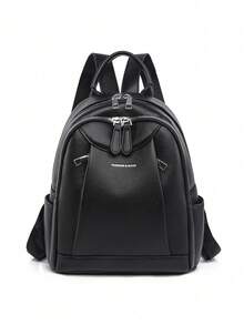 女士大容量休闲旅行背包，简约设计 - 黑色 - 查看 1