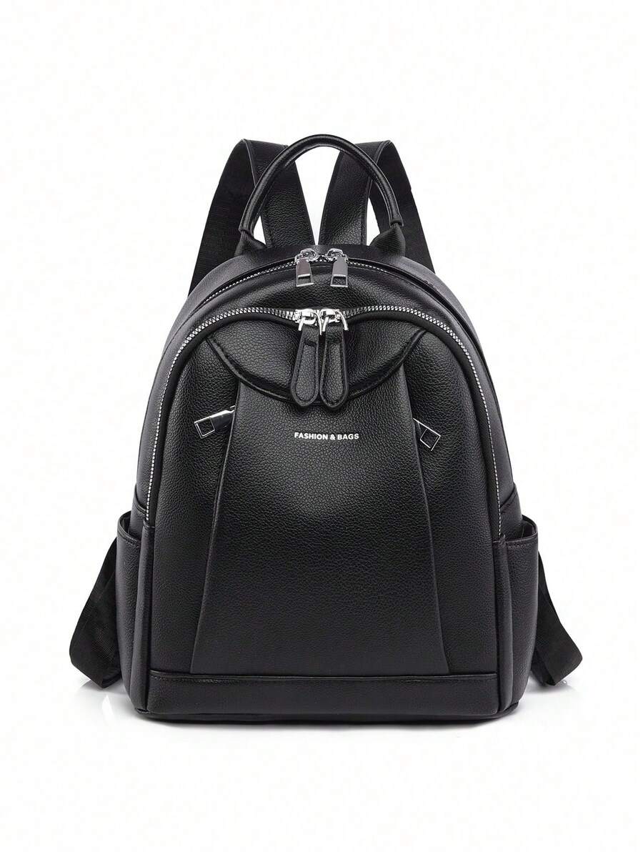 女士大容量休闲旅行背包，简约设计 - 黑色 - 查看 1