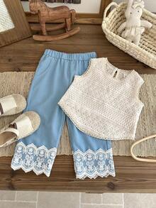 2pcs/Set Baby Girl Knitted Vest And Lace Trim Wide Leg Pants, Cute & Elegant Style - Apricot - View 5