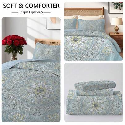 2/3pcs Luxury Boho Flower Printed Quilt Set(1 Quilt + 1/2 Pillowcases), Machine Washable Durable And Lightweight Summer Bedding Set, 100% Microfiber Breathable Bedspread Set, Versatile For All Seasons, Creative Room Decor