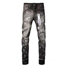 Men's Black Splatter Jeans - Ripped, High-Street, Artistic Vibe - 黑灰色 - 查看 2