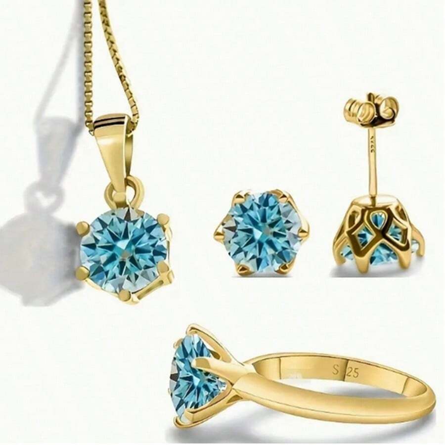 4ct Total Moissanite 3pcs Jewelry Set For Women | 1ct Ring + 1ct Necklace + 2x1ct Earrings | Wedding & Engagement Collection | Perfect For Daily Wear, Dating & Gifting To Lovers, Friends, Family