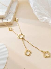 1P Stainless Steel Plated 18K Gold Clover Tassel Pendant Necklace, Lucky Grass Necklace, Suitable For Giving To Ladies, For Mothers,For Girlfriends
