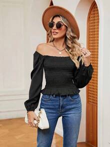 Nuevo estilo de primavera y verano con hombros abiertos y hojas de loto para adelgazar a las mujeres con blusas de manga larga - Negro - Ver 4