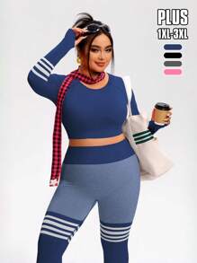 TCVC Plus Size Women's Seamless Fashion Striped Contrast Color Sports Set, Long Sleeve + Long Pants Set, High Elasticity High Waist Slimming Peach Hip, Skin-Friendly Breathable Sweat-Wicking, Yoga Fitness Travel Versatile Fashion Set