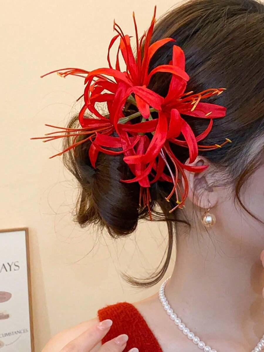 1个优雅波西米亚风宇宙花发夹，甜美仿花侧边发夹，散发复古气息，适合拍照，搭配女士海滩度假装扮，发饰 - 大紅色 - 查看 1