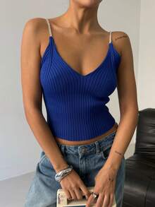 Áo hai dây mảnh trang trí đá giả kim cương màu trơn thời trang mùa hè BlackFashion - Màu xanh lam - Xem 3