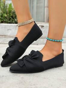 Women's Pointed Toe Bow Ballet Flats, Comfortable Slip-On Knit Flat Shoes For Spring & Autumn - Black - View 4