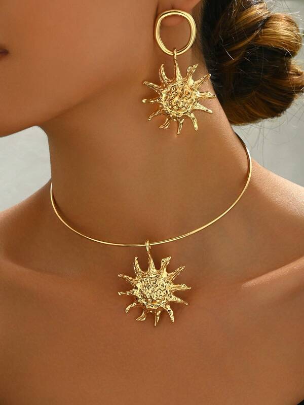 Conjunto de 3 piezas de collar con colgante de girasol y aretes de moda y creativos, para uso diario, fiestas, salidas, citas, nuevo conjunto de joyas para mujeres