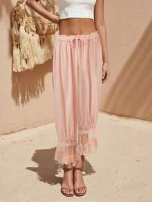 Women Lace Trim Bloomers Casual Elastic Mid Rise Ruffle Cropped Pants Loose Slips Trousers Comfort Bottoms - 香檳色 - 查看 4