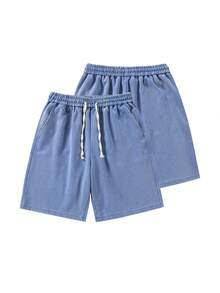 Blueplus Solid Color Casual Shorts With Drawstring Waist And Comfortable Fit For Both Sports And Leisure Wear - 藍色 - 查看 4
