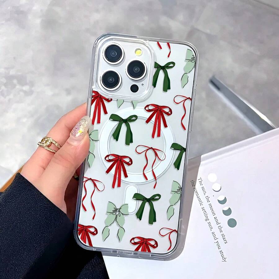 Funda para teléfono con un elegante diseño de lazo. Compatible con 16 Pro Max, 16 Pro, 16 Plus, 16, 15, 15 Pro Max, 14 Pro, 14 Plus, 13 Pro, 12 Pro y 11. Resistente a golpes, magnética, con carga inalámbrica. Accesorios transparentes de acrílico. - Blanco - Ver 1