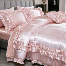 8 Pieces Black Satin Comforter Set King Size With Sheet Set Luxurious Soft And Silky Comforter Set Farmhouse Style Black Rufle Fringe Design Boho Comforter Silk Like Satin Bedding Set - 淺粉色 - 查看 3